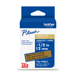 Brother P-touch TZePR831 Premium Glitter Laminated Label Tape, ~1/2" x 26.2 ft (12mm x 8m), Black on Gold