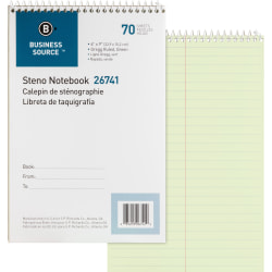 Business Source Steno Notebook - 70 Sheets - Wire Bound - Gregg Ruled Margin - 15 lb Basis Weight - 6"x9" Sheet Size - Green Paper - Stiff-back