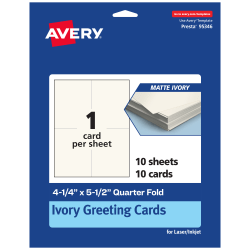 Avery® Printable Quarter-Fold Greeting Cards, 4-1/4" x 5-1/2" Matte Ivory, Pack Of 10