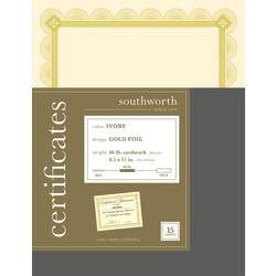 Southworth® Premium Foil Certificates, 8 1/2" x 11", 66 Lb, Ivory/Gold Foil Spiro, Pack Of 15