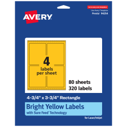 Avery® Print-To-The-Edge Labels With Sure Feed® Technology And Easy Peel® Label Feature, 94254-BYP80, Rectangle, 4-3/4" x 3-3/4", Matte Bright Yellow, Pack of 320