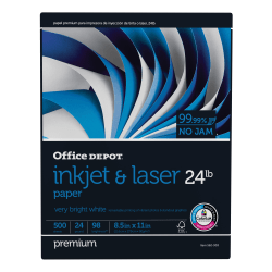 Office Depot® Brand Inkjet & Laser Paper, Letter Size (8 1/2" x 11"), 24 Lb, 98 Bright, Ream Of 500 Sheets