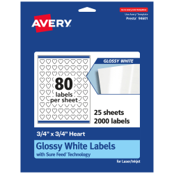 Avery® Glossy Permanent Labels With Sure Feed®, 94601-WGP25, Heart, 3/4" x 3/4", White, Pack Of 2,000