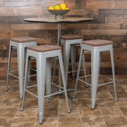 Flash Furniture 30" High Metal Indoor Bar Stool with Wood Seat - Stackable Set of 4, Silver