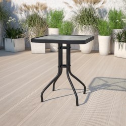 Flash Furniture Barker Square Tempered-Glass Metal Outdoor Furniture Table, 28"H x 23-1/2"W x 23-1/2"D, Clear/Black