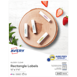 Avery® Printable Labels With Easy Peel® And Sure Feed® Technology, 22892, Rectangle, 1/2" x 1-3/4", Glossy Clear,  Pack Of 640