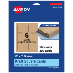 Avery® Printable Note Cards With Sure Feed® Technology, 3" x 3" Square, Kraft Brown, Pack Of 300