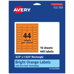 Avery® Print-To-The-Edge Labels With Sure Feed® Technology And Easy Peel® Label Feature, 94209-BOP10, Rectangle, 2/3" x 1-3/4", Matte Bright Orange, Pack of 440