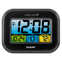 Sharp Atomic Alarm Clock With Calendar And Indoor Temperature Display, 5"H x 1"W x 6-1/2"D, Black