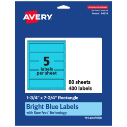 Avery® Print-To-The-Edge Labels With Sure Feed® Technology, 94232-BBP80, Rectangle, 1-3/4" x 7-3/4", Matte Bright Blue, Pack of 400