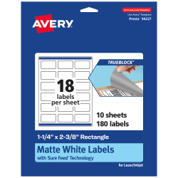 Avery® Print-To-The-Edge TrueBlock® Labels With Sure Feed®, 94227-TWMP10, Rectangle, 1-1/4" x 2-3/8", Matte White, Pack Of 180