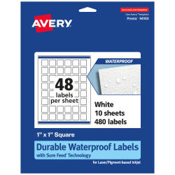 Avery® Waterproof Permanent Labels With Sure Feed®, 94103-WMF10, Square, 1" x 1", White, Pack Of 480