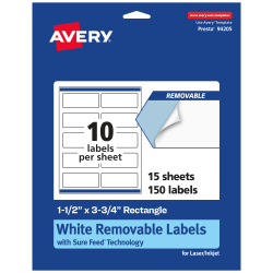 Avery® Removable Labels With Sure Feed®, 94205-RMP15, Rectangle, 1-1/2" x 3-3/4", White, Pack Of 150 Labels