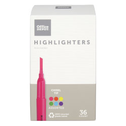 Office Depot® Brand Pen-Style Highlighters, Chisel Tip, 100% Recycled Plastic Barrel, Assorted Colors, Pack Of 36