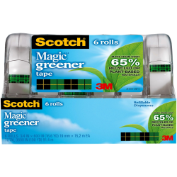Scotch Greener Magic Tape with Dispenser, Invisible, 3/4 in x 600 in, 6 Tape Rolls, Clear, Home Office and School Supplies