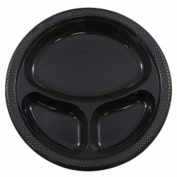 JAM PAPER Plastic 3 Compartment Divided Plates, Large, 10 1/4 inch, Black, 20/Pack