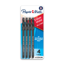 Paper Mate® EraserMate® Ballpoint Pens, Pack of 4, Medium Point, 1.0 mm, Black Barrel, Black Ink