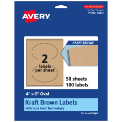 Avery® Kraft Permanent Labels With Sure Feed®, 94057-KMP50, Oval, 4" x 6", Brown, Pack Of 100