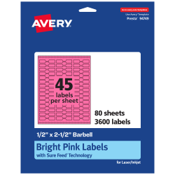 Avery® Printable Labels With Sure Feed® Technology, 94749-BPP80, Barbell, 1/2" x 2-1/2", Matte Bright Pink, Pack of 3600