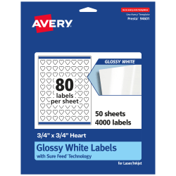 Avery® Glossy Permanent Labels With Sure Feed®, 94601-WGP50, Heart, 3/4" x 3/4", White, Pack Of 4,000