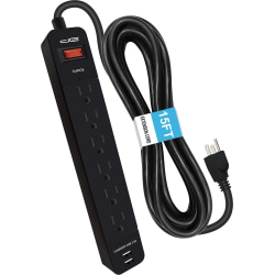 Digital Energy World 6-Outlet Surge Protector Power Strip with 2 USB Ports and 15-Foot Cord (Black) - ENR11007