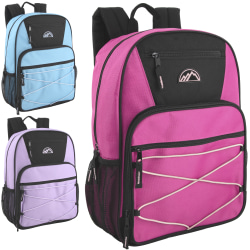 Mountain Edge Multi-Pocket Bungee Cord Sport Backpacks, Pink/Purple/Blue, Total Qty 24