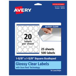 Avery® Glossy Permanent Labels With Sure Feed®, 94110-CGF25, Square Scalloped, 1-5/8" x 1-5/8", Clear, Pack Of 500