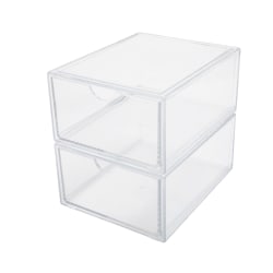 Martha Stewart Brody Plastic Stackable Office Desktop Organizer Boxes With Drawers, 3-1/2"H x 6"W x 7-1/2"D, Clear, Pack Of 2 Boxes