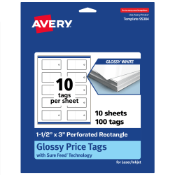 Avery® Print-To-The-Edge Price Tags With Sure Feed® Technology, 1-1/2"x3" Rectangle, Glossy White, Pack Of 100, 95384GWT10