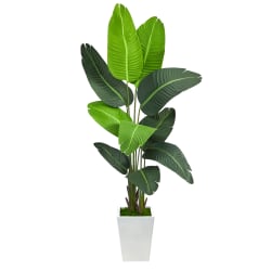 Nearly Natural Traveler’s Palm 66"H Artificial Plant With Metal Planter, 66"H x 30"W x 25"D, Green/White