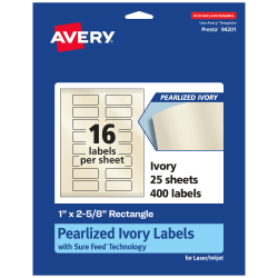 Avery® Pearlized Permanent Labels With Sure Feed®, 94201-PIP25, Rectangle, 1" x 2-5/8", Ivory, Pack Of 400 Labels