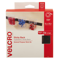 VELCRO® Brand STICKY BACK® Fasteners, 3/4" x 15', Black