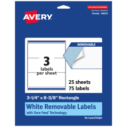 Avery® Removable Labels With Sure Feed®, 94251-RMP25, Rectangle, 3-1/4" x 8-3/8", White, Pack Of 75 Labels