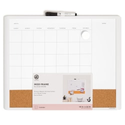 U Brands® Magnetic Dry-Erase Monthly Calendar Board With Cork Bulletin Strip, 20" x 16", Framed, White/Brown