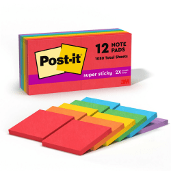 Post-it® Super Sticky Notes, 3 in x 3 in, 12 Pads, 90 Sheets/Pad, 2x the Sticking Power, Playful Primaries Collection