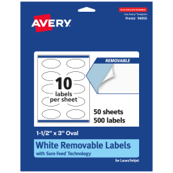 Avery® Removable Labels With Sure Feed®, 94055-RMP50, Oval, 1-1/2" x 3", White, Pack Of 500 Labels