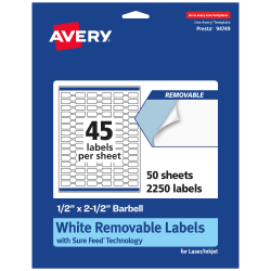 Avery® Removable Labels With Sure Feed®, 94749-RMP50, Barbell, 1/2" x 2-1/2", White, Pack Of 2,250 Labels