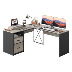 Bestier 56"W L-Shaped Computer Desk With Reversible Storage Drawers And Monitor Stand, Retro Gray Oak Light
