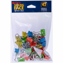 Officemate Smiling Faces Binder Clips, 42PC - Small - 2.9"x0.8"- 0.38" Size Capacity - Foldable, Removable Handle - 42/Bag - Green, Red, White, Yellow