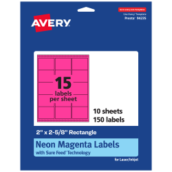 Avery® Printable Labels With Sure Feed® Technology, 94235-NMP10, Rectangle, 2" x 2-5/8", Matte Neon Magenta, Pack of 150