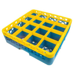 Carlisle Opticlean 16-Compartment Glass Rack With Extender, 5-1/2"H x 19-7/8"W x 19-7/8"D, Blue/Yellow