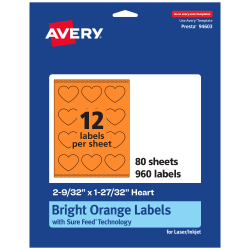 Avery® Print-To-The-Edge Labels With Sure Feed® Technology, 94603-BOP80, Heart, 2-9/32" x 1-27/32", Matte Bright Orange, Pack of 960