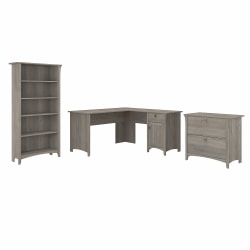 Bush Furniture Salinas 60"W L-Shaped Desk With Lateral File Cabinet And 5-Shelf Bookcase, Driftwood Gray, Standard Delivery