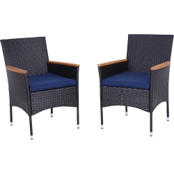PHI VILLA Rattan Steel Patio Outdoor Dining Chairs, Dark Brown/Blue, Set Of 2 Chairs