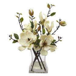 Nearly Natural 15"H Plastic Magnolia Arrangement With Vase, White