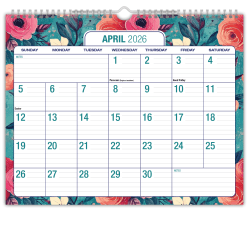 2026-2027 Excello Brands Academic Year Large Print Wall Calendar, 15" x 12", Teal Floral, April To December, Total Qty 1