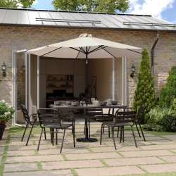 Flash Furniture Montego Commercial Grade 9ft Round Solar LED Umbrella with Crank Lift and Tilt Function, Tan