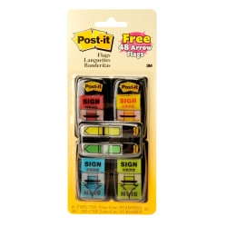 Post-it® Flags, 1 in. x 1.7 in., 4 Dispensers, 50 Flags/Dispenser, Assorted Colors, "Sign Here", Back to School Supplies for Students