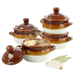 Elama Double-Handle 15 Oz French Onion Soup Bowls With Lids, Brown/Taupe, Set Of 8 Pieces