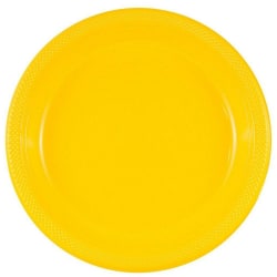 JAM PAPER Round Plastic Party Plates, Large, 10 1/4 inch, Yellow, 20/Pack
